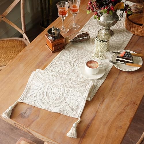 Extra Long Table Runner Embroidered Dresser Scarf, Beige 14"x112"