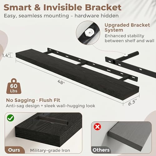 FLYJOE 48 Inch Floating Shelves for Wall Set of 2, 6.5" D Wood Grain Bathroom Shelves with Invisible Brackets, Easy Install Engineered Wood Storage Shelves for Kitchen, Living Room, Bedroom