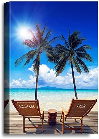 Vacation Canvas Prints Artwork with Couple's Names on Deck Chairs,Perfect Love Gift for Anniversary,Wedding.36X24 inches