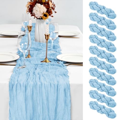 10 Pack Light Blue Table Runner 10Ft Cheesecloth Table Runner Boho Gauze Cheese Cloth Table Runners Romantic Long Sheer Fabric Table Runners for Wedding Party Bridal Shower