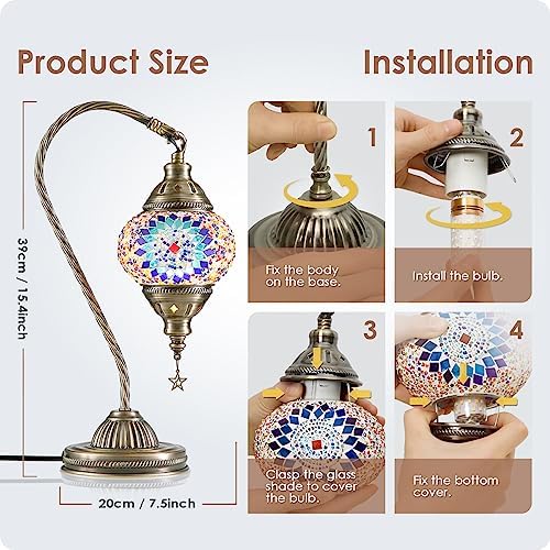 Yarra-Decor Turkish Moroccan Lamp with Bronze Base 3 Color Options Handmade Swan Neck Mosaic Glass Bedside Lamps for Bedroom (LED Bulb Included)(Blue1)