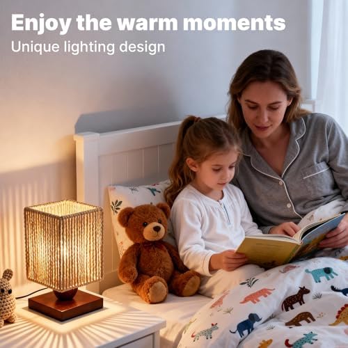 Small Rattan Table Lamp, Square Shade, Woven Square