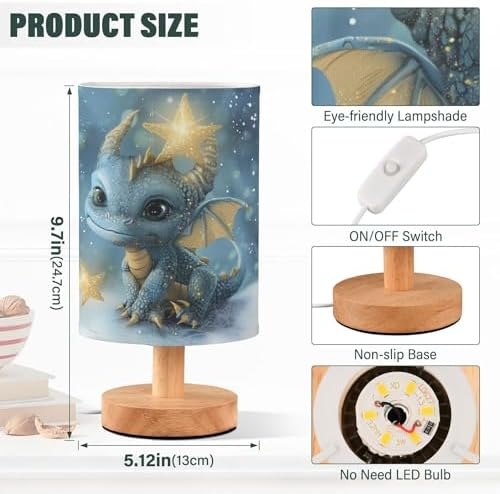 Table Lamp Watercolor Dragon Baby Animal Nightstand Lamp with Wood Base Fabric Lamp Shade Bedside Desk Lamp for Living Room Bedroom Kids Room Office