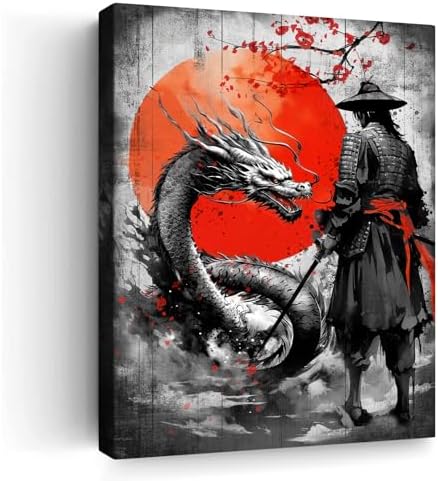 Wesluin 12"x16" Samurai Dragon Canvas – Red Sun Japanese Wall Art | Legendary duel unfolds beneath the rising crimson orb. Monochrome warrior versus beast. Hook included, ready to hang.