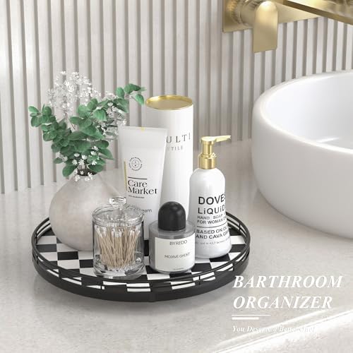 AMH 12 Inch Black and White Checkerboard Lazy Susan with Oak Wood Base