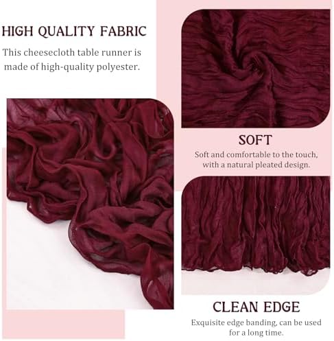 2 Pack 120 Inch Burgundy Cheesecloth Table Runner Boho Rustic Gauze Sheer Romantic 10 FT Long Cheese Cloth Table Runner for Bridal Baby Shower Wedding Party Birthday Holiday Home Easter Decor