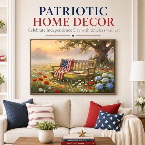 American Flag Framed Canvas Wall Art, 4th of July Patriotic Canvas Prints | Wildflower Landscape Poster Print, Vintage Rustic Independence Day Wall Decor for Bedroom Living Room Office 16×20in