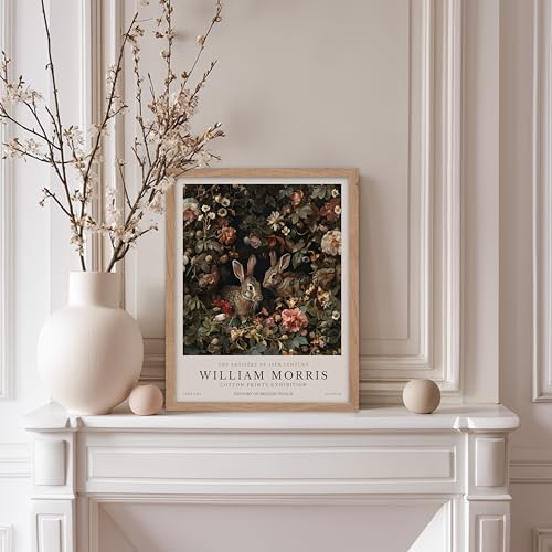 Monem Art William Morris Poster - Bunny Couple & Botanical Print - Exhibition Art - Farmhouse Decor - Aesthetic Living Room Decor - 8x10 Beige Framed