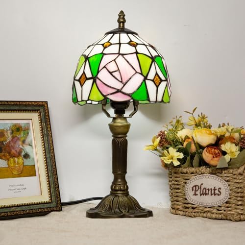 Small Tiffany Table Lamp, 3 Color Temperature, 8 Inch Antique Stained Glass Lamp for Bedroom Living Room Home, Handcrafted Light, Included Bulb (D Rose)
