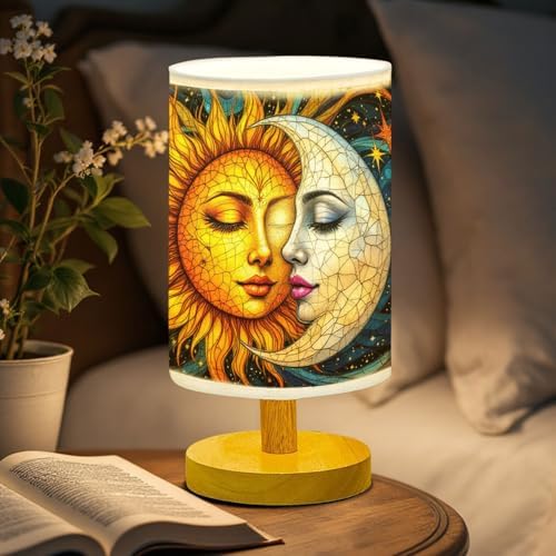 Sun and Moon Table Lamp LED 3-Color Pressed Bedside, Sun and Moon Shade Lamp with Wood Base for Bedroom Living Room Desk Office TL01