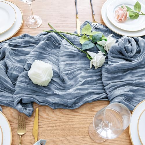 Wokceer Cheesecloth Table Runner Dusty Blue 10FT Boho Gauze, 3 Pack