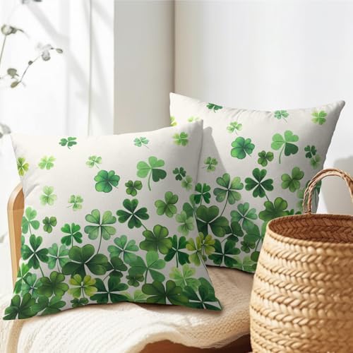 Lucky Clover Shamrocks Throw Pillow Covers St. Patrick's Day Pillowcase 20x20inch Set of 2 Green Spring Holiday Decorative Cotton-Linen Square Cushion Cases for Home Couch Bed