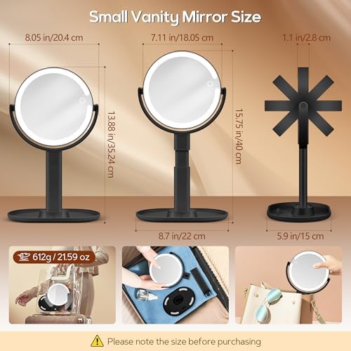 B Beauty Planet Vanity Mirror with Lights, 30X Magnifying Makeup Mirror, 3 Lighting and Adjustable Brightness, Rechargeable 2-Sided Height Adjustable Desk Mirror for Bedroom, Gifts for Women Black