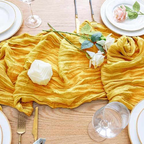 Wokceer Cheesecloth Table Runner Gold 10FT Boho Gauze Runner for Party