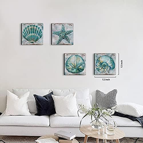 Teal Conch Canvas Wall Art Bathroom Decor Rustic Beach Watercolor Aqua Starfish Prints Pictures Vintage Shell Laundry Painting Poster 4 Pcs Set Modern Beach Theme Bedroom Framed Artwork 24 x 24 Inches
