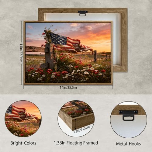 American Flag Framed Canvas Wall Art, 4th of July Patriotic Canvas Prints | Wildflower Meadow Landscape Poster Print, Vintage Rustic Independence Day Wall Decor for Bedroom Living Room 11×14in