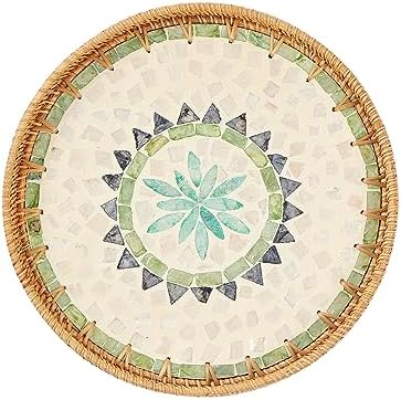Kmelep Round Rattan Tray with Mother of Pearl Inlay, Rattan Serving Tray with Wooden Base, Decorative Wicker Basket for Table Decor, Storage and Display of Coffee Bread Food Fruit (Bohemia)