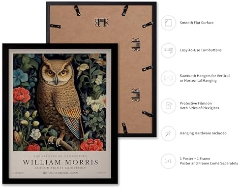 Monem Art William Morris Poster - Owl and Flowers Print - Bird Art - Botanical Artwork - Animal Exhibition Illustration - Floral Design - Aesthetic Creation - Bedroom or Office Decor - 8x10 Black Framed