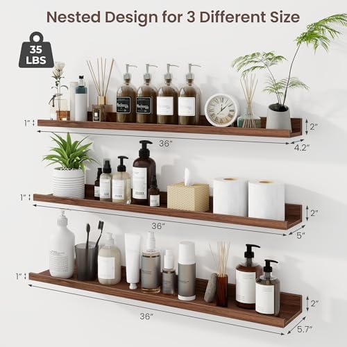 Axeman Picture Ledge Shelf, 36 Inch Walnut Floating Shelves Set of 3