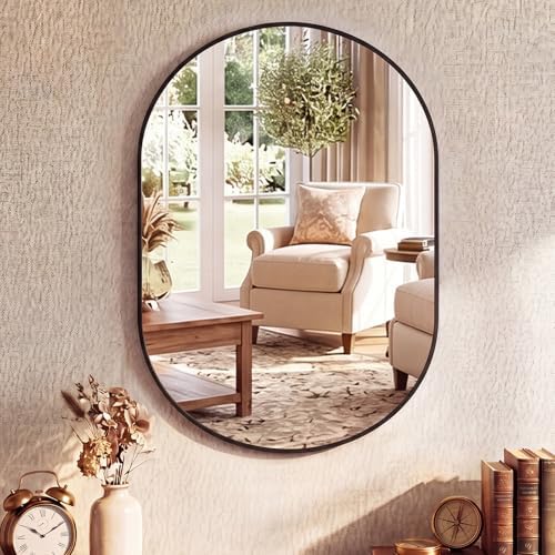 DUMOS 20" x 30" Oval Bathroom Mirror, Black Wall Mirrors with Metal Frame | Tempered Glass, Morden Vanity Mirror for Over Sink, Entryway, Living Room, Bedroom, Horizontal or Vertical