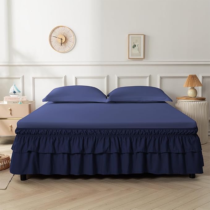 Double-Layered Ruffled Bed Skirt,Navy,Twin/Twin XL, 14" Drop | Wrap Around, Adjustable Elastic, 2 Layer, Machine Washable Soft Fabric, Multi Ruffle Bedskirt