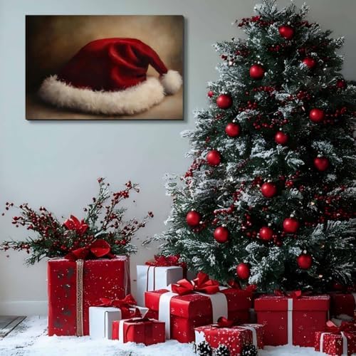 Red Christmas Wall Art - Santa hat Christmas Pictures Wall Decor For Bedroom 24x36inch, Vintage Winter Prints Holiday Poster, Framed Artwork Merry And Bright Home Decorations Indoor