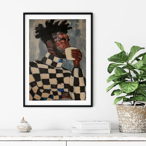 Abstract Black Man Wall Art African American Wall Decor, 16"x24" Unframed | Geometric People Painting Poster, Contemporary Artwork, Afro Men Modern Canvas Prints, Black Man Coffee Lover Print
