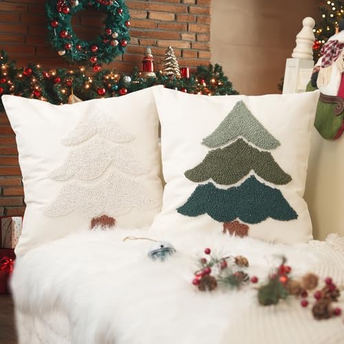 GEEORY Christmas Pillow Covers 16x16 Inch, Embroidered Xmas Tree Throw Pillows Farmhouse Winter Holiday Decor Cushion Case for Sofa & Bed Home Decorations (Green) GX003-1-16