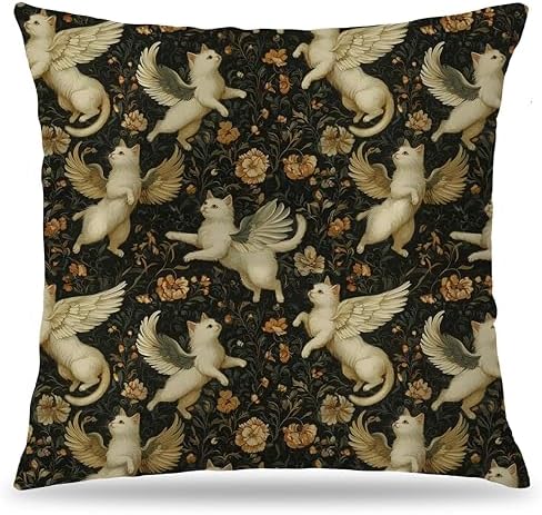 Retro Mythical Cats Floral Pillow Covers 18x18 Double-Sided, Cat Room Home Decor, Whimsical Magic White Cats Cottagecore Wildflower Botanical Decorative Throw Pillow Covers