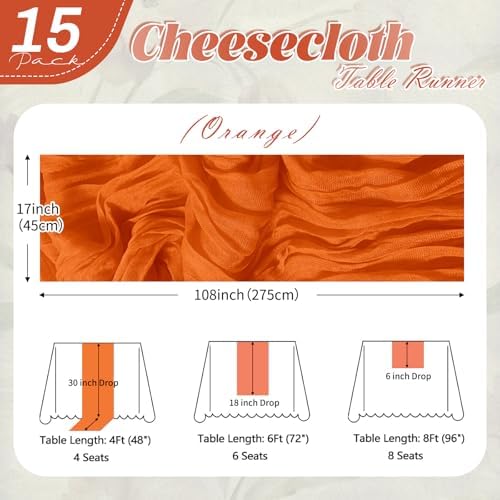 15 Pack Orange Cheesecloth Table Runner 17 x 108 inch Cheese Cloth Table Runners 9ft Orange Table Runner Rustic Romantic Sheer Gauze Runner for Wedding Party Baby Shower Table Decoration