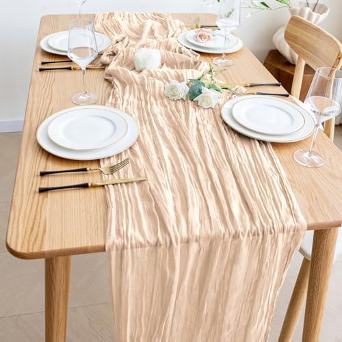 Wokceer Cheesecloth Table Runner Beige 10FT Boho Gauze Runner, 2 Pack