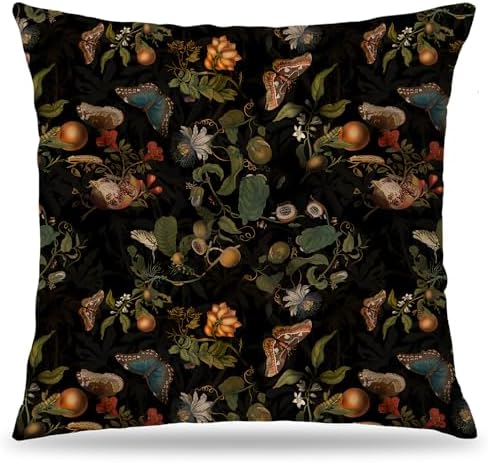 Vintage Botanical Butterfly Pillow Covers 18x18 Double-Sided, Cottagecore Room Home Decor, Dark Mystical Insects Rustic Fruits and Flower Plants Decorative Throw Pillow Covers
