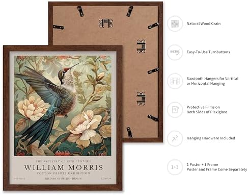 Poster Master William Morris Poster - Hummingbird Print - Bird Art - Botanical Art - Flower Design - Exhibition Artwork - Animal Illustration - Floral Illustration - Aesthetic Office or Bedroom Decor - 11x14 Brown Framed