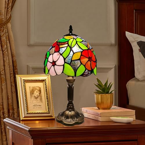 Tiffany Table Lamp,8X8X15Inch Small Antique Rose and Grape Pattern Stained Glass 3 Color Temperatures Bedside Nightstand Table Lamps for Bedroom Living Room Home Office+LED Bulb