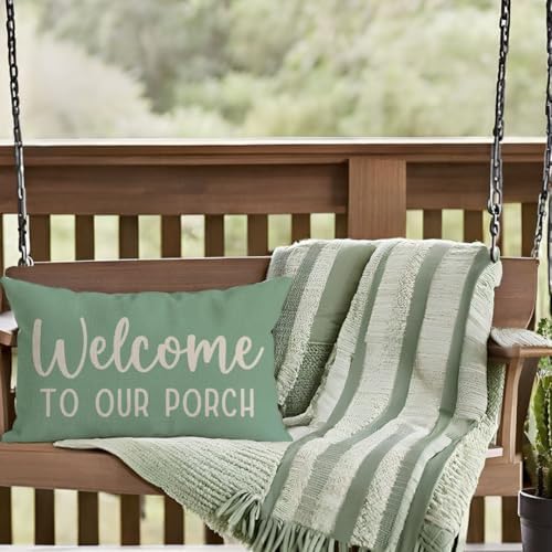 PANDICORN Outdoor Pillow Covers 12x20 Welcome to Our Porch Eucalyptus Green
