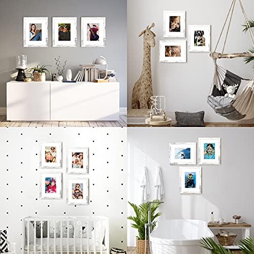 BAIJIALI 8x10 Picture Frame Distressed White Wood Pattern Set of 4 with Tempered Glass,Display Pictures 5x7 with Mat or 8x10 Without Mat, Horizontal and Vertical Formats for Wall and Table Mounting