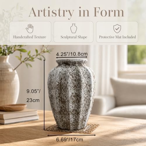 AOZITA Ceramic Flower Vase, 9.3" Tall Rustic Farmhouse Vase with Fluted Texture, Large Vintage Home Decor for Living Room, Kitchen, Bedroom & Office, Antique
