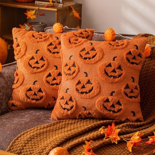 Orange Halloween Pumpkin Fall Throw Pillow Covers 20"x20" Set of 2 Soft Faux Fur Ghost Pillow Covers for Couch Sofa Bed, Cute Autumn Farmhouse Cushion Case for Holiday Home Living Room Decor