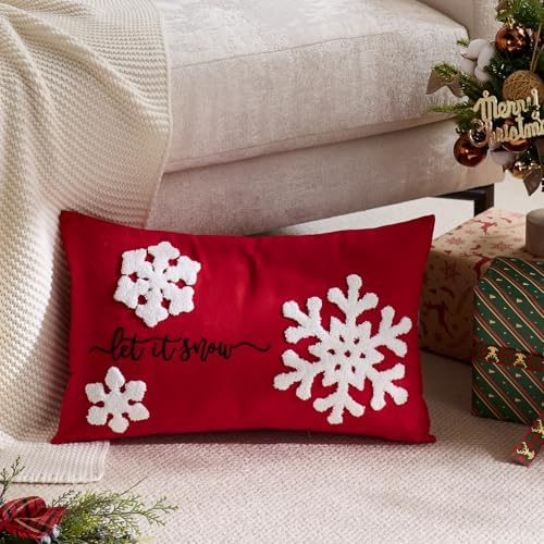 Red Christmas Pillow Covers 12x20 Inch Embroidery Snowflake Xmas Decorative Lumbar Throw Pillow Cover Winter Holiday Pillow Case Cushion Cases for Sofa Couch Living Room Decorations