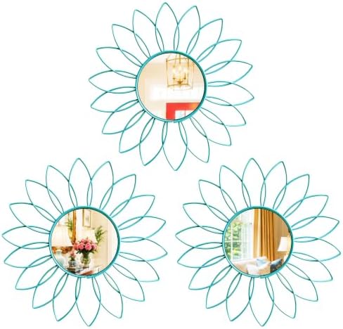 3 Pack Metal Mirrors for Wall Sunburst Wall Mirrors Home Décor Decorative Hanging Wall Art for Living Room Bedroom Entryway (Greenish Blue, Flowers)