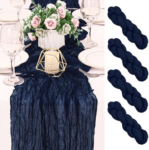 4 Pack 120 Inch Navy Blue Cheesecloth Table Runner Boho Rustic Gauze Sheer Romantic 10 FT Long Cheese Cloth Table Runner for Bridal Baby Shower Wedding Party Birthday Holiday Home Easter Decor