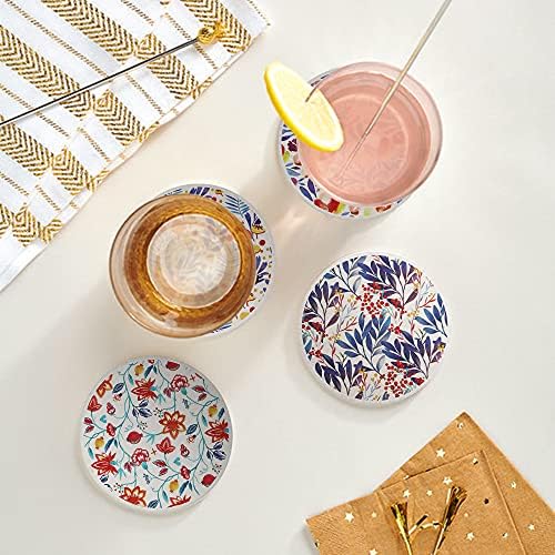 AD Set of 6 Coasters for Drinks Absorbing Round Ceramic Stone Coaster with Cork Base Tabletop Protection Mat for Mugs and Cups,Office,Kitchen (Watercolor Flowers with Rose Gold Holder)