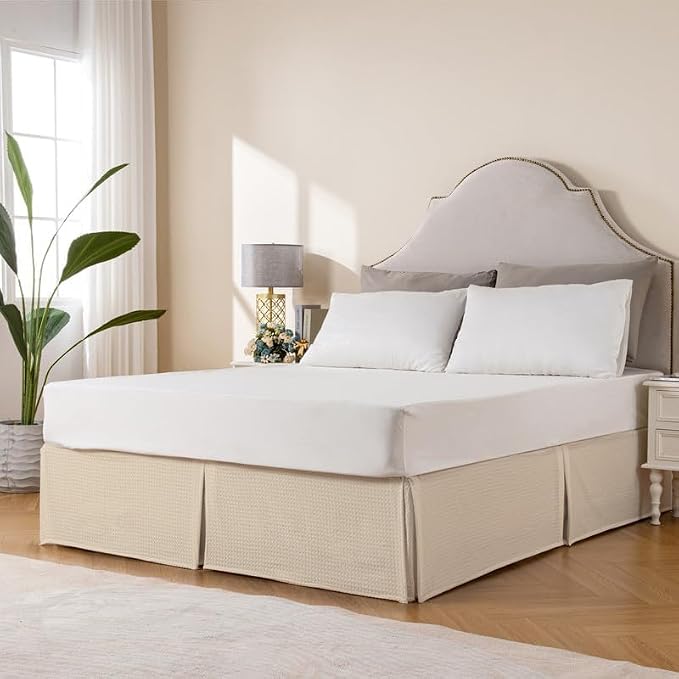 MIYE Pleated Waffle Weave Bed Skirt, Tailored Dust Ruffle 16 Inch Drop Easy Fit, Machine Washable,No Split Corners (Beige, TwinXL - 16" Drop)