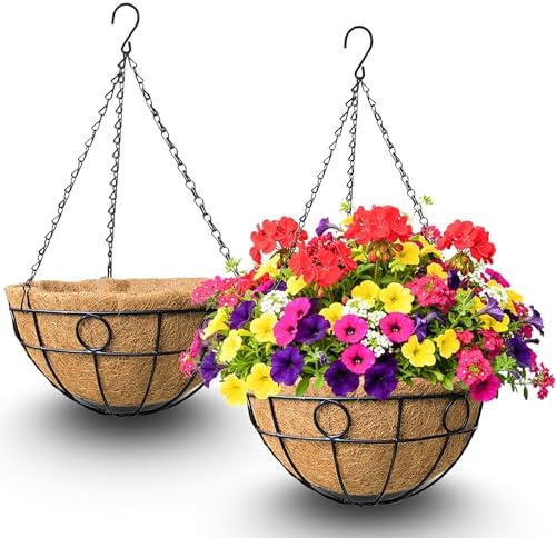 2 Pack 12 Inch Hanging Baskets for Plants Outdoor Metal Hanging Planters Round Hanging Flower Pots with Coco Coir Liner Plant Holder for Outdoor Patio Garden Balcony Decor - Circular