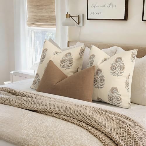 Vintage Floral Euro Sham Fall Pillow Covers 26x26 Set of 2 Patterned Accent Decorative Cushion Covers Modern Farmhouse Throw Pillow Covers for Bed Sofa Couch Chair Living Room Home Decor, Light Brown
