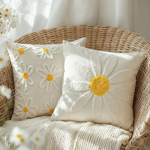 GEEORY 2-Pack 20x20 Inch Daisy Embroidered Cotton Pillow Cover | Farmhouse Spring Summer Home Decor | Durable Canvas Cushion Case for Living Room, Sofa & Bed