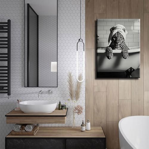 Leopard In Bathtub Canvas Wall Art Trendy Black and White Bathroom Animal Wall Decor Picture FunkyMaximalistLeopard Bathroom Aesthetic Poster Print for Restroom Toilet Decoration 12x16in