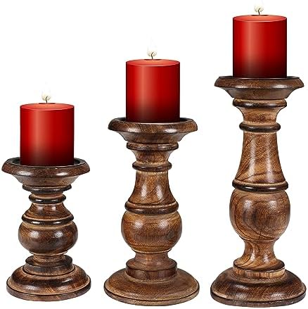 Rustic Candle Holder Set of 3 – 10", 8", 6" – Burnt Finish Wooden Pillar Stands for Wedding, Party, Home Décor, Spa – Country Style Gift for Table Centerpiece