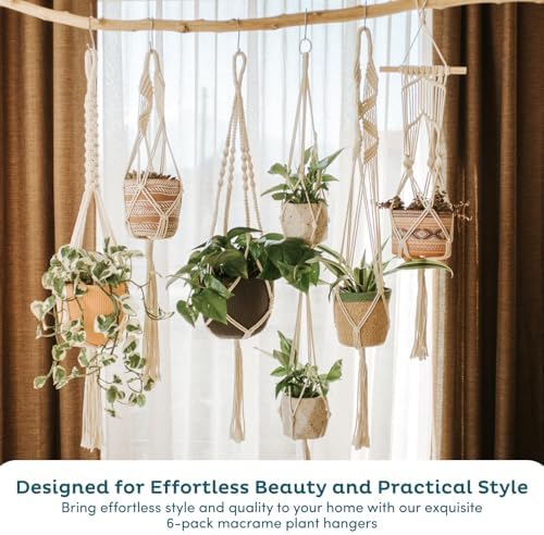 Nook Theory 6-Pack Macrame Plant Hangers with 12 Hooks - Hanging Planters for Indoor Plants, Boho Macrame Hangers Indoor Outdoor, Decorative Plant Hanger Indoor (Light Gray)
