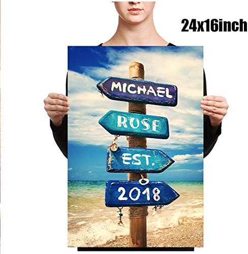 A&T ARTWORK Blue Sea Signport Personalized Canvas Prints Gift Couple's Names Sea and Love Sign Gift for Anniversary,Valentine's day,Wedding. 24x16 inches